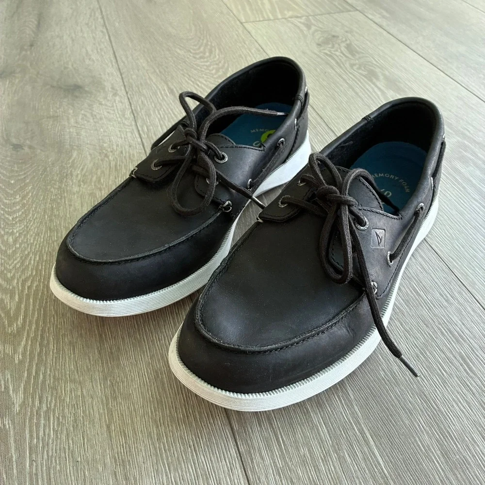 Sperry Top-Sider Mens Black Leather Boat Shoes Memory Foam Loafers 9.5M